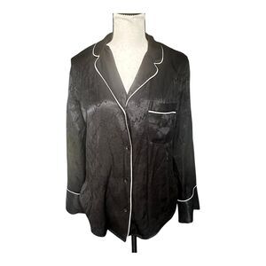 VS Black Satin Pajama Top M Logo Script Piping